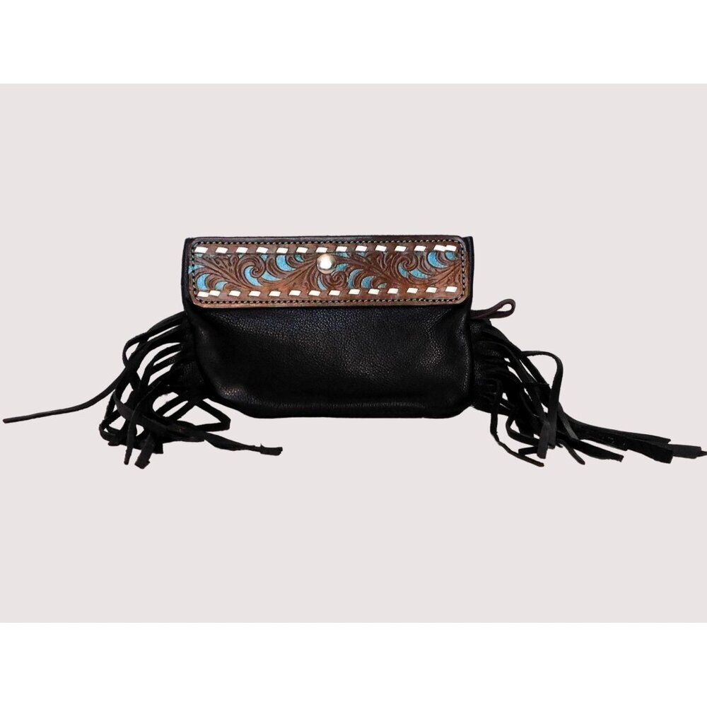 Leather Fringe Wallet Small Clutch Purse Western Black Brown Blue Snap - Picture 6 of 7